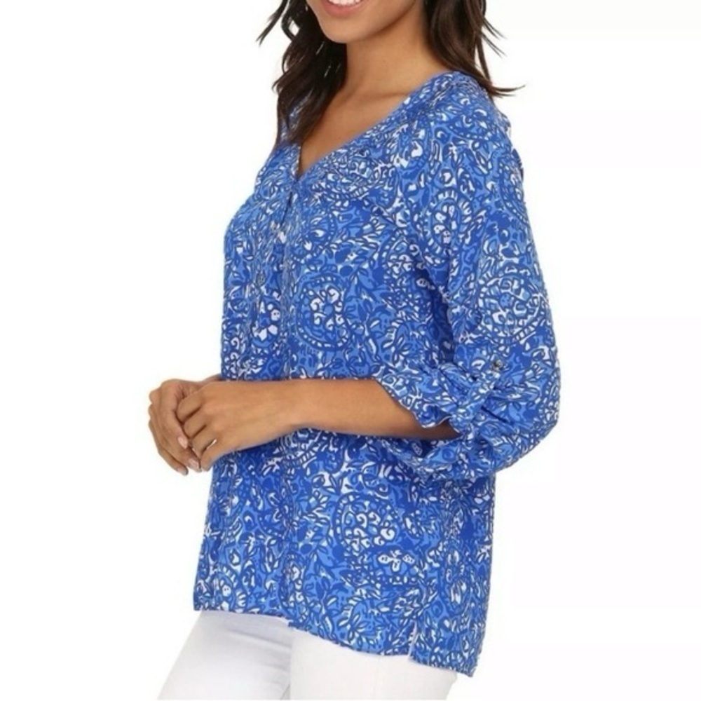 Lilly Pulitzer Womens Blouse Top 100% Silk Blue White Paisley Size XXS